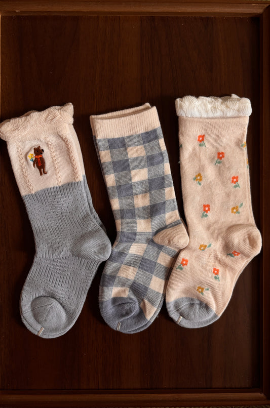 chaussettes ourson et fleurs fille lot de 3