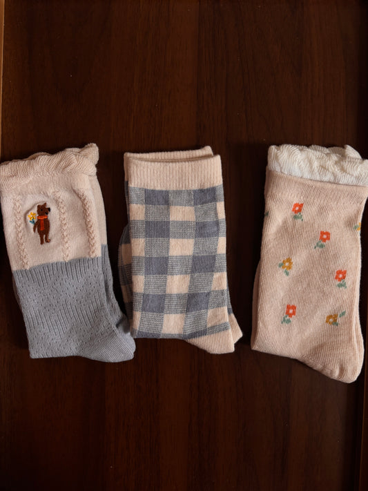 chaussettes ourson et fleurs fille lot de 3