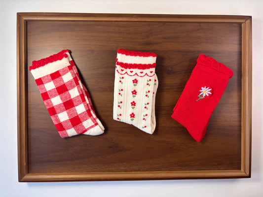 chaussettes enfants fleurs rouges lot de 3